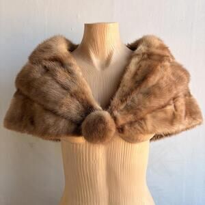 Vintage Leopold Cote Montreal Brown Mink Fur Stole Capelet Pom Pom Vintage